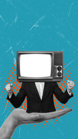 Contemporary art collage depicting a man with a TV instead of a head. Concept of news, advertising, and propaganda.の写真素材