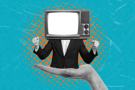 Contemporary art collage depicting a man with a TV instead of a head. Concept of news, advertising,...