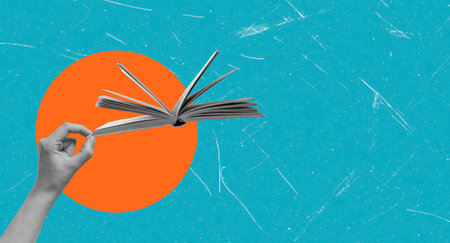 Art collage, hand with the book on a blue background with copy space. Concept of study and work.の写真素材