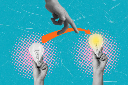 Hands hold light bulbs, one unlit, one lit. An orange arrow guides the transition, the jump of the hand. The background is a dotted turquoise. The hand reaches down to guide the process.の写真素材