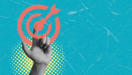 Art collage, hand, and target on blue background with copy space. Concept of goal, business, and...