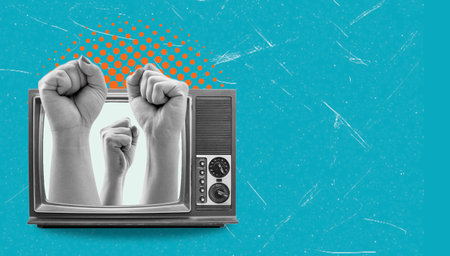 Raised fists emerge from an old television set, symbolizing strength and unity. The vibrant blue background adds energy to this compelling visual message about social change.の写真素材