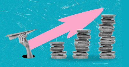 Modern art collage image of a hand holding a paper airplane and a stack of money. Business concept,...