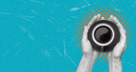 Modern art collage depicting a hand with a mug cup on a blue background with copy space. The concept...