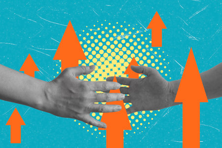 Handshake between two partners. Artistic collage. Upward arrows. The concept of contract, trust and contracting.の写真素材