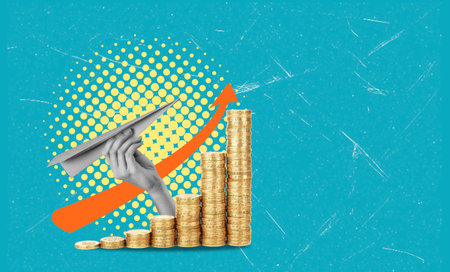 Hands are depicted launching a paper airplane towards a graph of growing coins, illustrating success and growth in finances. The background is blue, reinforcing the concept of prosperity.の写真素材