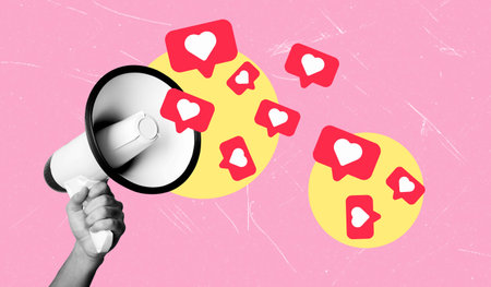 Modern art collage depicting a hand with a megaphone and likes icons on a pink background. Social...