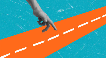 A hand is poised just above an orange road marked with white lines, set against a bright blue...