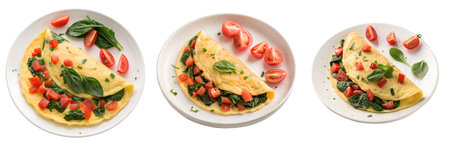 Three folded egg omelets are shown. Each rests on a white plate and is garnished with fresh spinach...