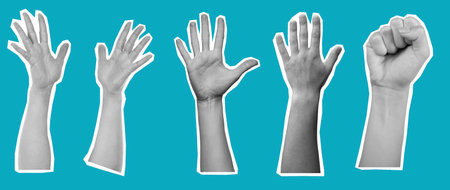 Different hand gestures are showcased against a vibrant background, illustrating various human expressions and communication styles in an engaging way.の写真素材