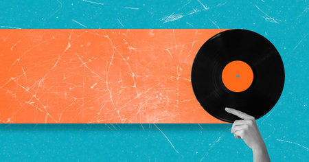 Modern art collage of a hand with a vinyl record with copy space. Concept of advertising and good...
