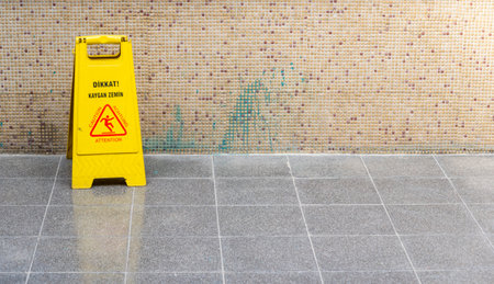 A bright yellow warning sign alerts visitors to a slippery surface. The tiled floor reflects natural light, showcasing a clean yet potentially hazardous environment.の写真素材