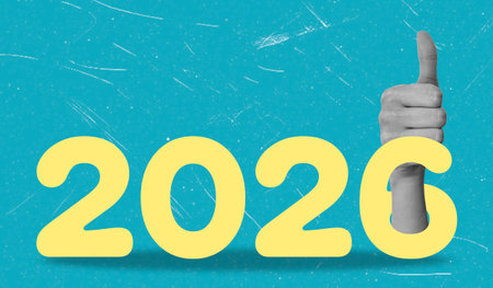 This graphic showcases the year 2026 in large yellow numbers with a hand giving a thumbs up. The background is a vibrant blue, adding a cheerful touch to the overall design.の写真素材