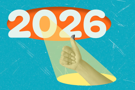 Bright digital design featuring a thumbs up gesture, illuminated beam and the year 2026 in bold color. The background is bright blue.の写真素材