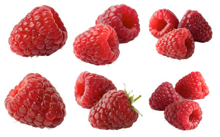 Collection of ripe red raspberries on a white background. The concept of delicious and healthy berries.の写真素材
