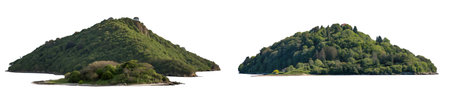 A mountain on an island and cliffs. Isolated on a white background. Concept of islands for design.の写真素材