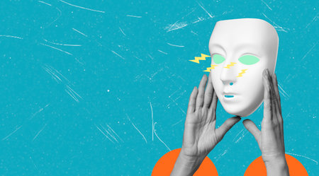 A modern artistic collage featuring the image of a theatrical mask held by a woman's hands. The concept revolves around the performing arts, theater, and cinema.の写真素材