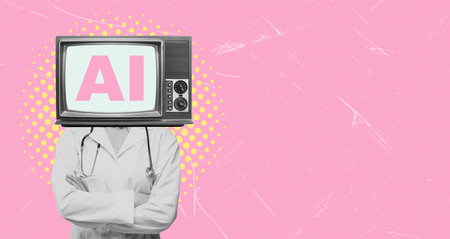 A character in a doctor's suit stands confidently with arms crossed, with a vintage TV as his head displays AI text on a bright pink background.の写真素材