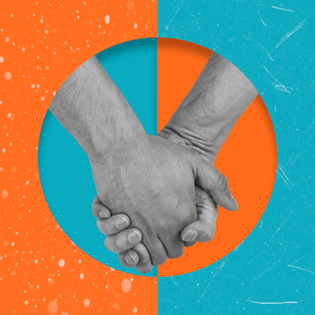Two hands are clasped tightly together against a vivid teal backdrop, representing connection and togetherness. This artwork embraces modern design aesthetics and conveys emotion.の写真素材