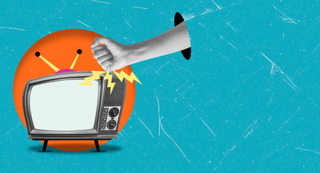 A hand emerges from a circular orange design, striking a vintage television. Bright colors and bold shapes create an energetic atmosphere, showcasing a creative art concept.の写真素材