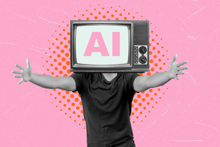 Human with AI TV head collage art. Embrace the TV head. Artificial intelligence concept, thinking like an AI.の写真素材