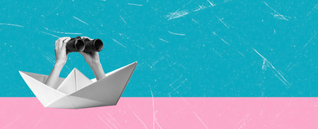 Art collage, Creative hands emerge from a paper boat, holding binoculars and gazing into the distance. The colorful background adds a whimsical touch to this artistic expression of exploration.の写真素材