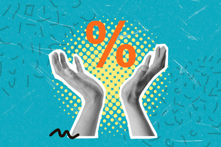 Two hands are positioned upward against a vibrant turquoise backdrop, featuring a bold percentage symbol. This design represents celebration, achievement, and positive outcomes.の写真素材