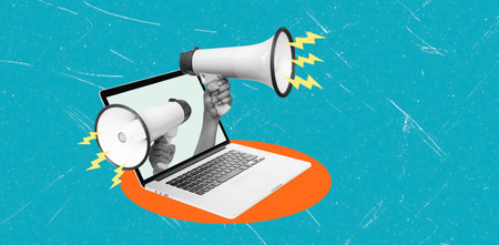 Art collage, Hands hold megaphones on either side of a laptop screen, symbolizing the power of digital media in amplifying communication. Various digital outreach strategies are visualized.の写真素材
