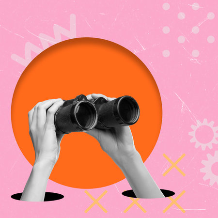 Trendy modern pop art collage. Hands with binoculars on pink background. Concept of searching and choosing a new way in business.の写真素材