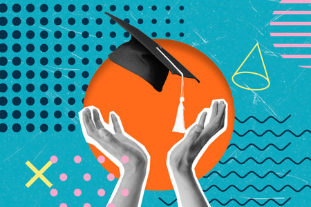 Two hands are raised high, symbolizing celebration and joy, as a graduation cap floats above. The background features a bold mix of colors and geometric shapes, highlighting achievement.の写真素材