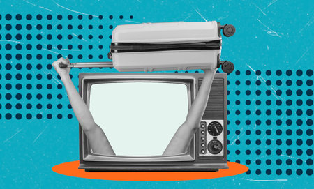 This artwork features a vintage television with human arms emerging, holding a suitcase, symbolizing travel and memories in a vibrant, playful setting.の写真素材