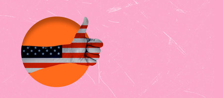 A hand giving a thumbs up features an American flag design, set against a vibrant pink background. This symbolizes patriotism and positivity in an engaging way.の写真素材