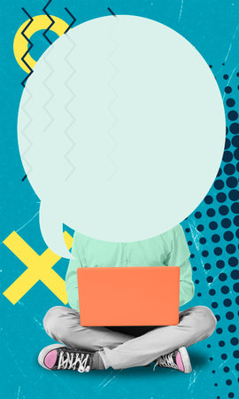 A person is seated cross-legged on the ground, focused on using a laptop. The backdrop is a bright blue with yellow abstract shapes, creating an energetic atmosphere.の写真素材