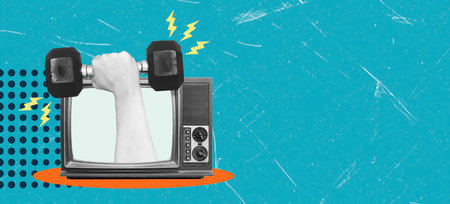 A hand raises a dumbbell from inside an old television set, symbolizing the blend of fitness and vintage aesthetics, while vibrant colors enhance the dynamic visual appeal.の写真素材