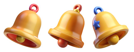 Three colorful toy bells are lined up, each featuring a unique design and bright colors. The yellow, red, and blue accents add a playful touch to the cheerful toys.の写真素材