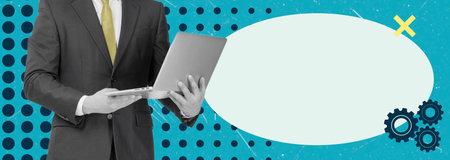 A business professional in formal attire holds a laptop while standing against a vibrant background. The atmosphere suggests a focus on technology and collaboration in an innovative workspace.の写真素材
