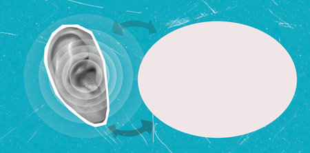 An illustration shows a human ear surrounded by sound waves, highlighting how ears perceive sound. The vibrant blue background enhances the visual impact, emphasizing auditory concepts.の写真素材