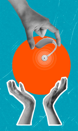 Two hands reach out to an orange circular shape, engaging with a floating auditory device, symbolizing innovation in technology and communication.の写真素材