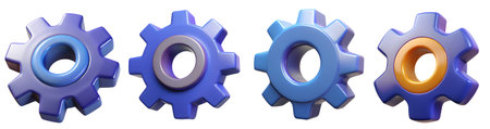 Brightly colored gears lined up in a row, symbolizing creativity and collaboration in a playful or educational context, perhaps inviting participation or learning.の写真素材
