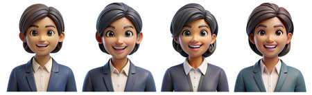A friendly animated character displays four different facial expressions while dressed in a smart business outfit. The character exudes professionalism and positivity throughout.の写真素材