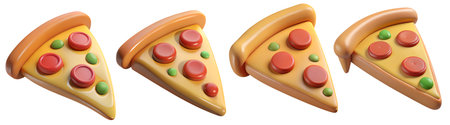 Brightly colored toy pizza slices showcasing pepperoni and vegetables are displayed in a playful arrangement. Perfect for imaginative games or teaching activities, these units invite creativity.の写真素材