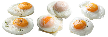 A set of perfectly fried eggs with bright yolks and tender whites are seasoned with black pepper. This dish showcases a comforting breakfast ready to serve.の写真素材