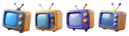 Four vintage-style television sets are lined up, each displaying different colors and designs. These playful retro models reflect the evolution of technology in home entertainment.の写真素材