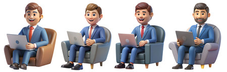 Four animated characters are seated on various chairs, smiling as they work on laptops. Each...