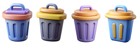 Four playful toy trash cans in pastel colors display different shapes on a white surface, perfect...