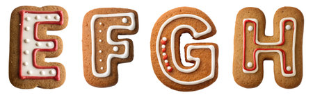 Four whimsical cookies shaped like the letters E, F, G, and H showcase festive decorations. These sweet treats are perfect for children's parties or seasonal celebrations.の写真素材