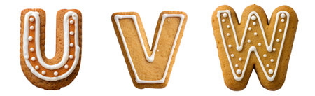 Four whimsical cookies shaped like the letters U, V, and W are adorned with festive decorations. These sweet treats are perfect for children's parties or seasonal celebrations.の写真素材