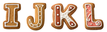 Four whimsical cookies shaped like the letters I, J, K, and L showcase festive decorations. These sweet treats are perfect for children's parties or seasonal celebrations.の写真素材
