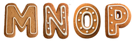 Four whimsical cookies shaped like the letters M, N, O and P are decorated with festive decorations. These sweet treats are perfect for children's parties or seasonal celebrations.の写真素材