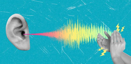 Art collage, A visual representation illustrates sound waves traveling towards an ear, with vibrant...